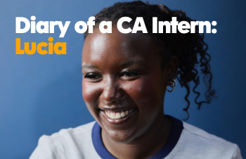 Lucia smiling. text reads: diary of a CA intern Lucia